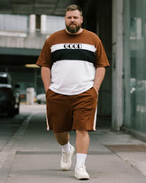 Big & Tall Men's Brown Striped GOOD Letter Print Round Neck Short Sleeve T-Shirt Shorts Suit